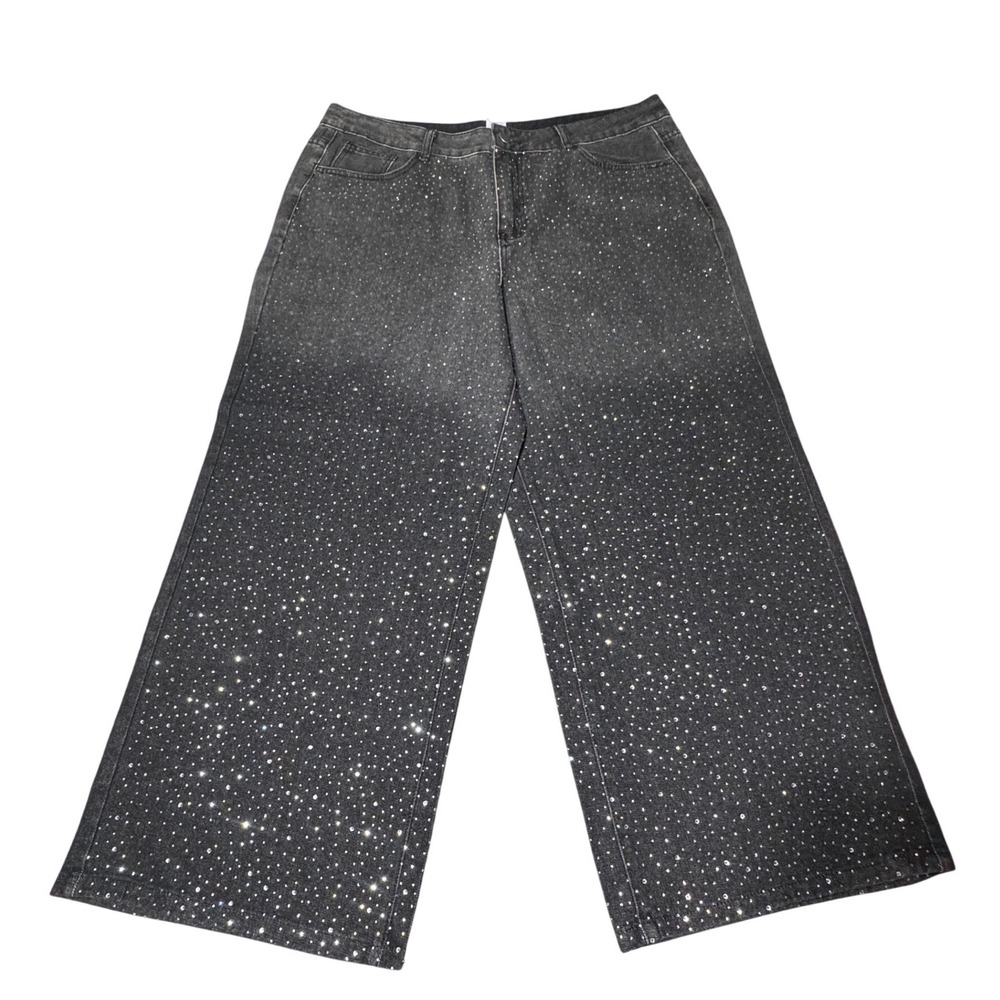ANEWSTA Jeans Womens 1XL Rhinestone Denim Statemnt Black Wide Leg Festival Curve